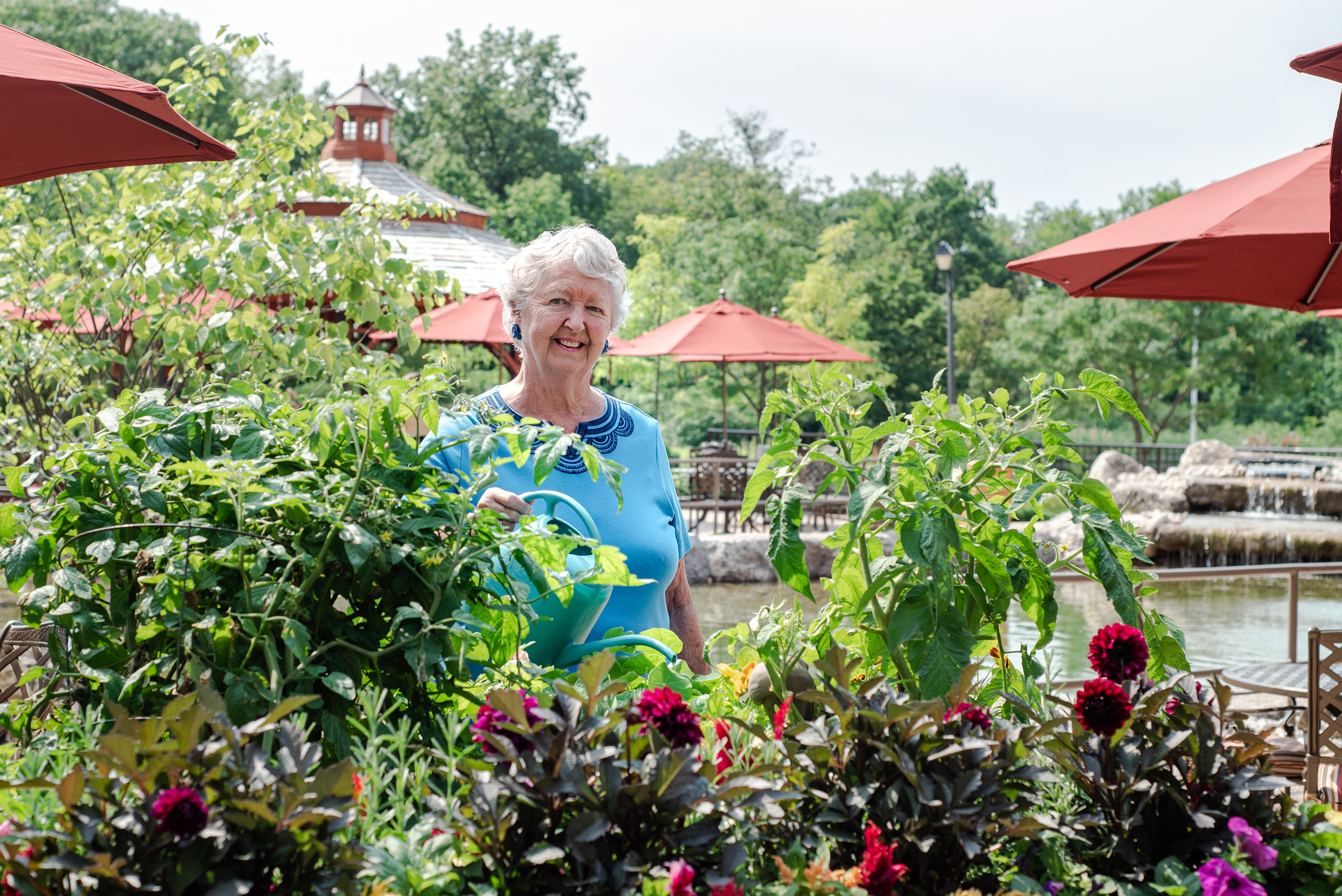 Resident tending to the garden boxes in the Courtyard