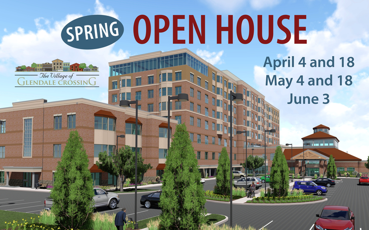 Spring Open House promo with designed image of The Village of Glendale Crossing retirement in London