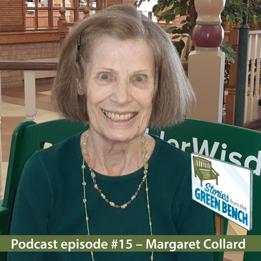 Margaret sitting on the green #ElderWisdom bench