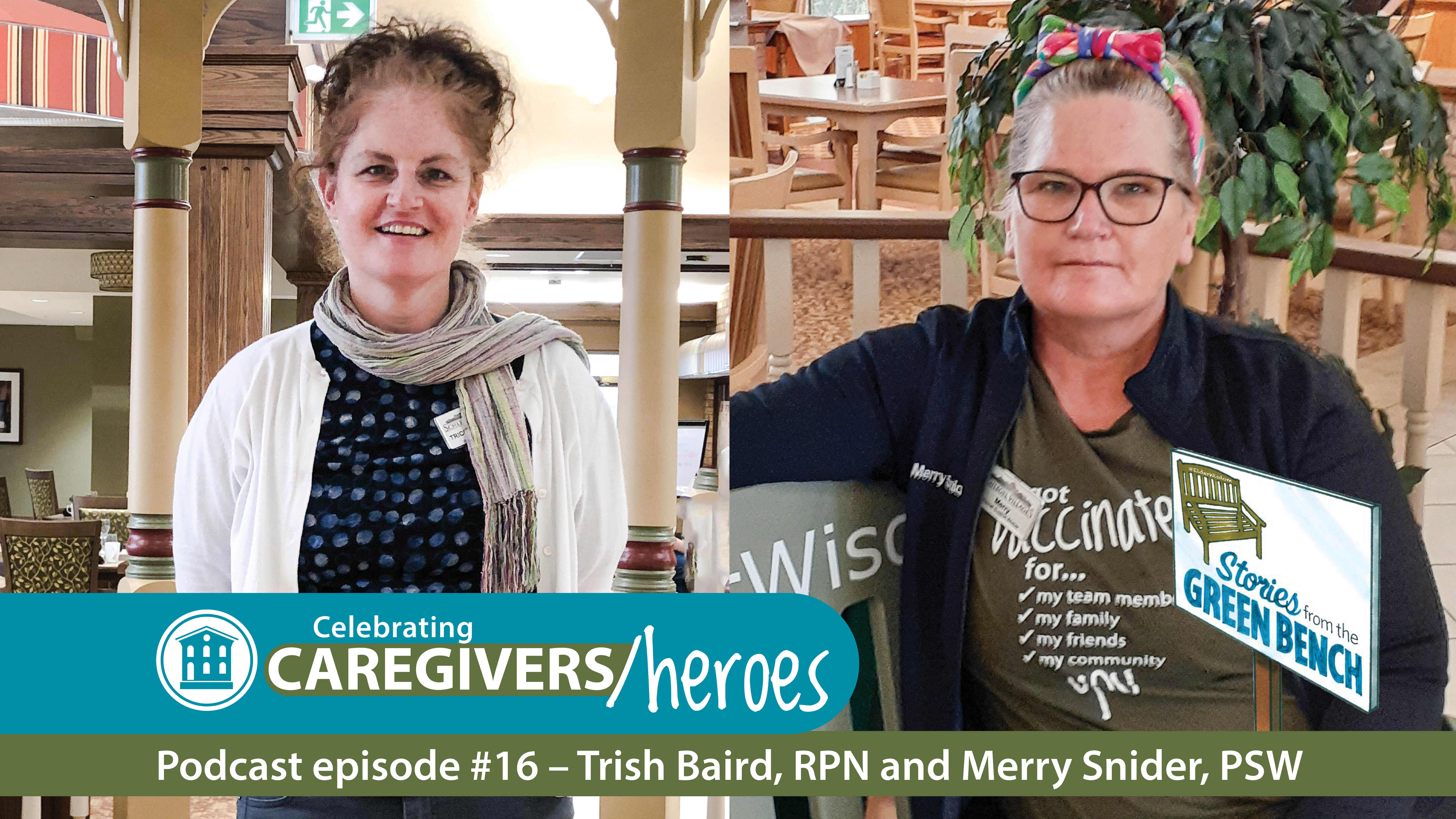 Trish Baird and Merry Snider sitting on the green bench to celebrate caregivers week