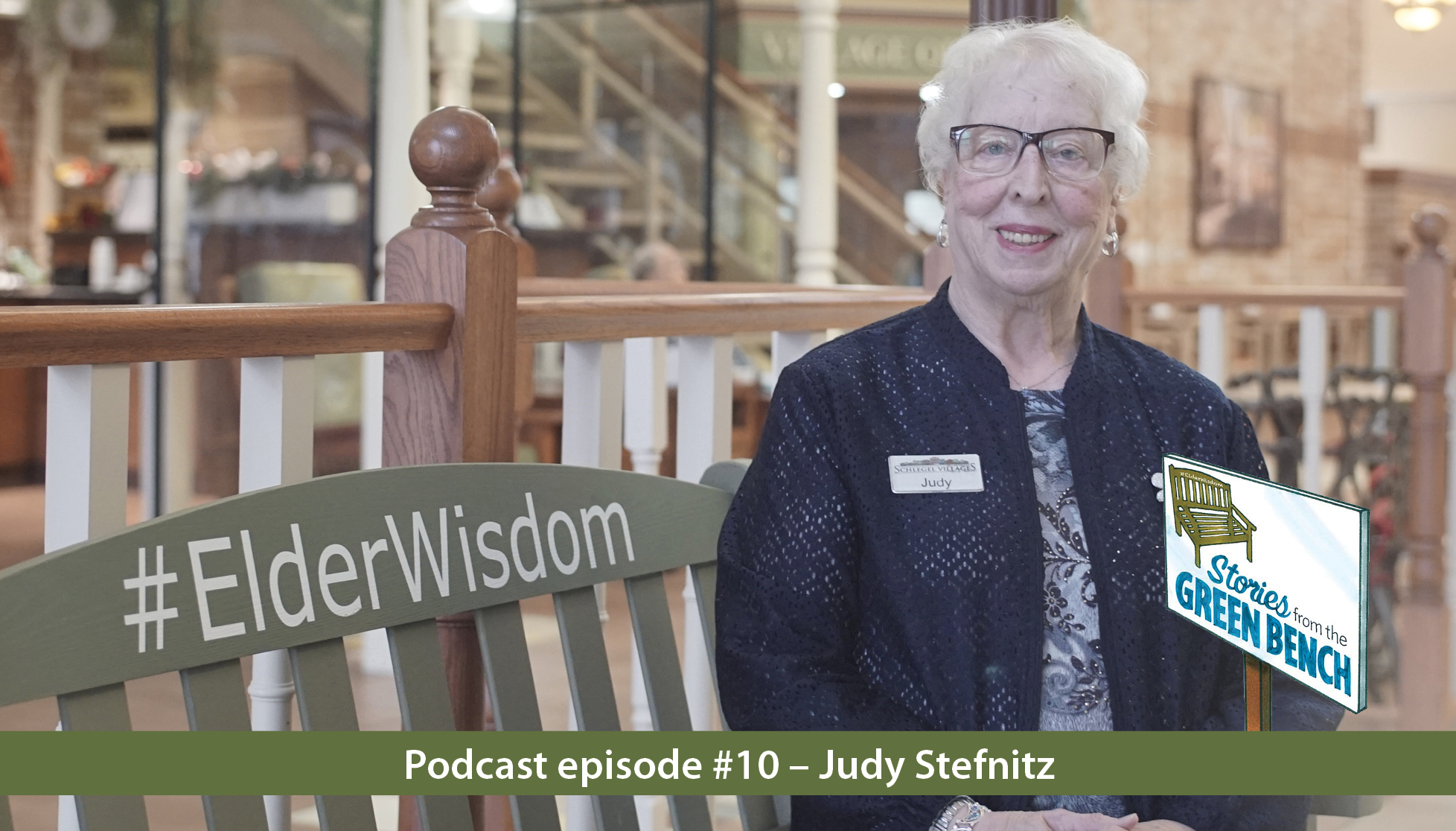 Judy Stefnitz sitting on the green bench for podcast episode #10 of #ElderWisdom | Stories from the Green Bench