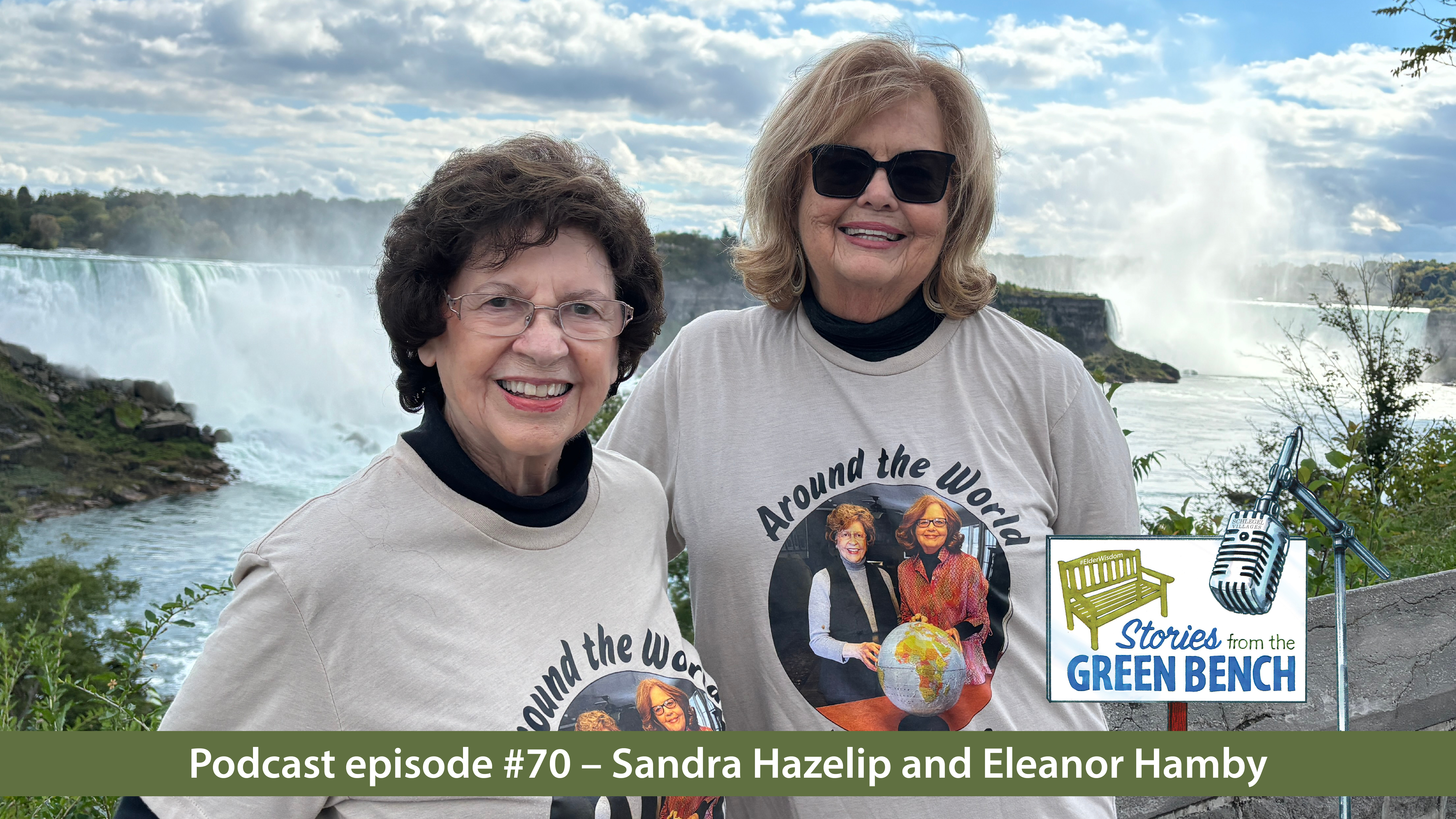 Sandy and Ellie pose in front of Niagara Falls in promotion of the #ElderWisdom | Stories from the Green Bench podcast