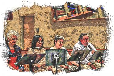 Illustration of four people sitting and looking at paper stands in front of them